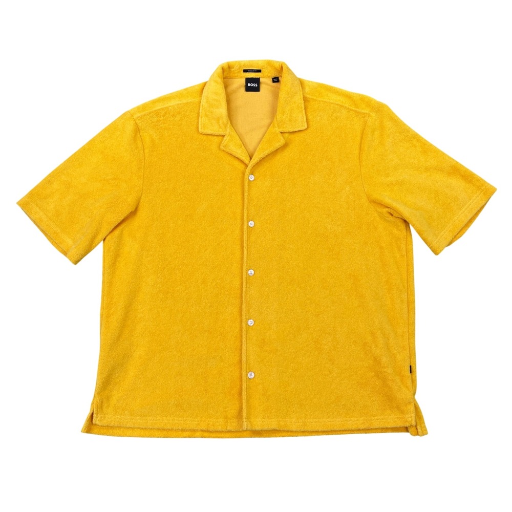 BOSS Hugo Boss Button Up Mens XL Yellow Terry Cloth Short Sleeve Camp Shirt